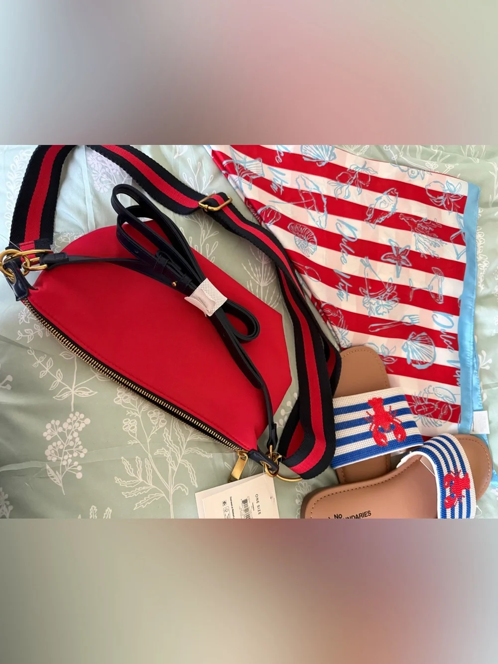 Lobster Set Red Navy Crossbody Bag Scarf Beaded Women’s Slides Sandals 8 9 10